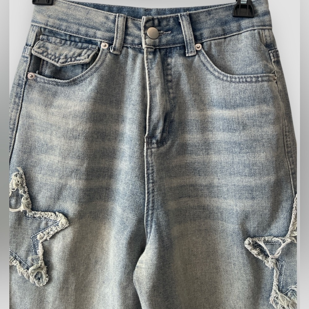 Women Loose Fit Boyfriend Jeans Baggy Y2K Straight Leg Star Patchwork Size Small - Picture 11 of 11